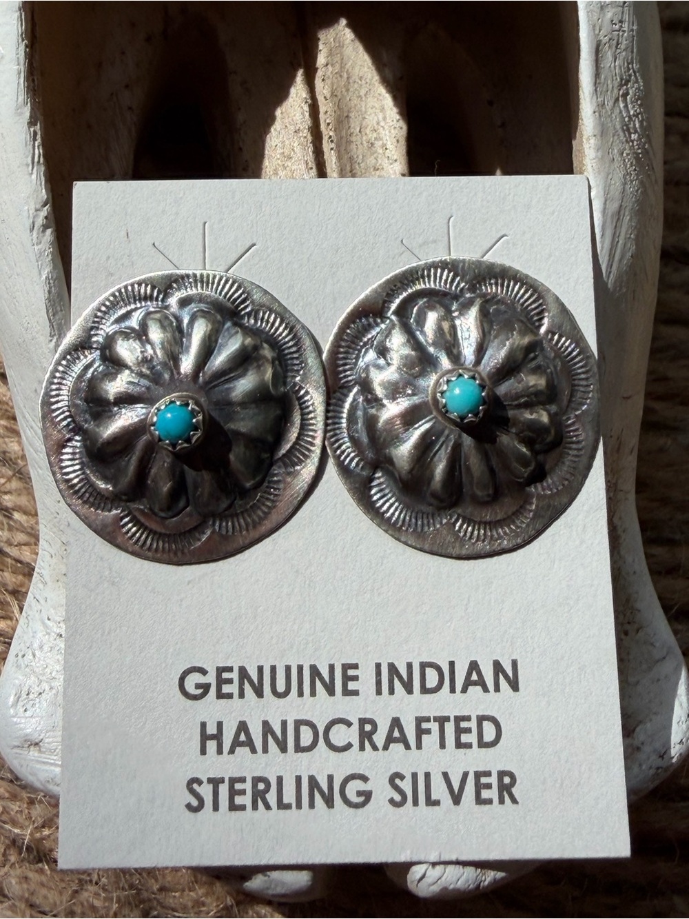 Joan Begay Navajo Handcrafted Sterling Silver Turquoise Concho Earrings